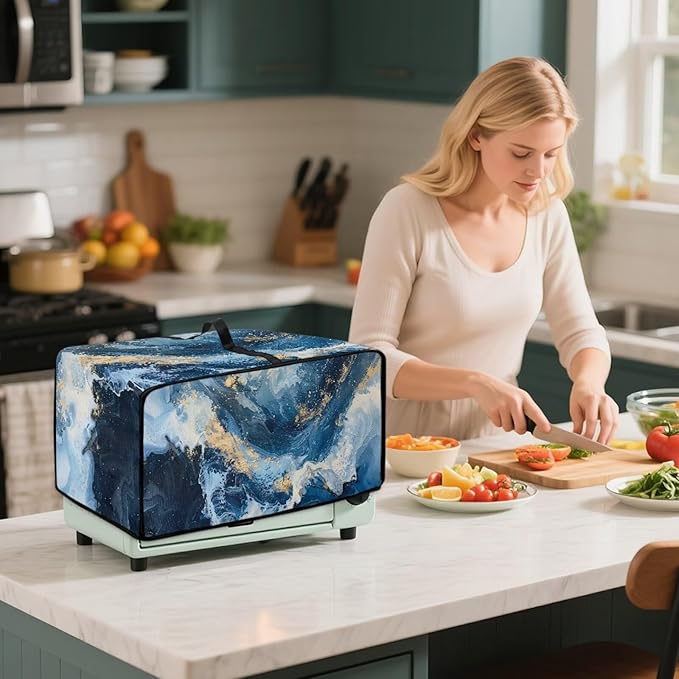 Blue Golden Marble Texture Print Microwave Oven Cover Dust-Proof Polyester-Linen Fabric Toaster Oven Cover Easy to Clean Microwave Grill Cover Protector with Top Handle, S