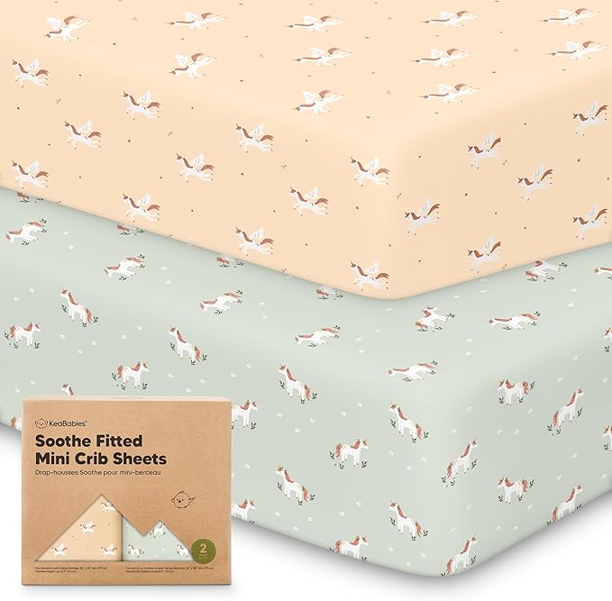 2-Pack Mini Crib Sheets Fitted - 38x26 Pack N Play Sheets for Pack and Play Mattress, Organic Cotton, Soft & Breathable Playard Bedding, Neutral Mini Toddler Bed Cover for Boys, Girls (Lune Mystic)