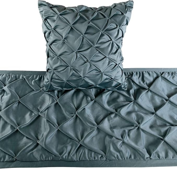 The HomeCentric Decorative Blue Queen 74 x 18 inch Bed Runner with 2 Pillow Cover, Satin Pintucks Bed Scarf, Solid Color Modern - Satin Nights