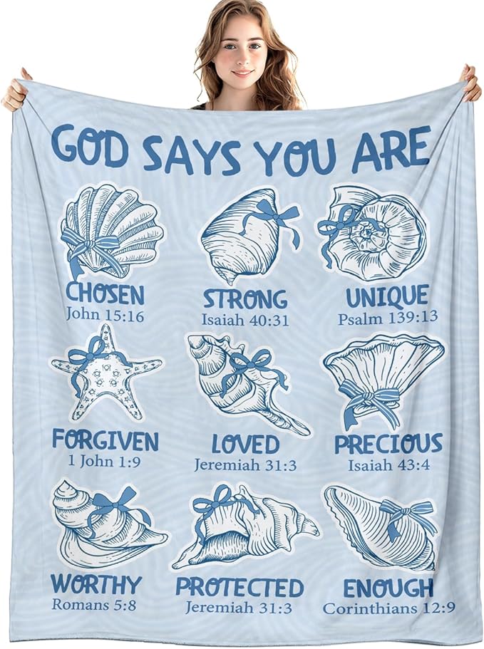 Blue Christian Blanket, God Says You are Bible Verse Preppy Beach Seashell Throw Blankets for Girly Room Bedroom Dorm Couch Bed Decor, Religious Coastal Inspirational Blanket, 50x60 Inch