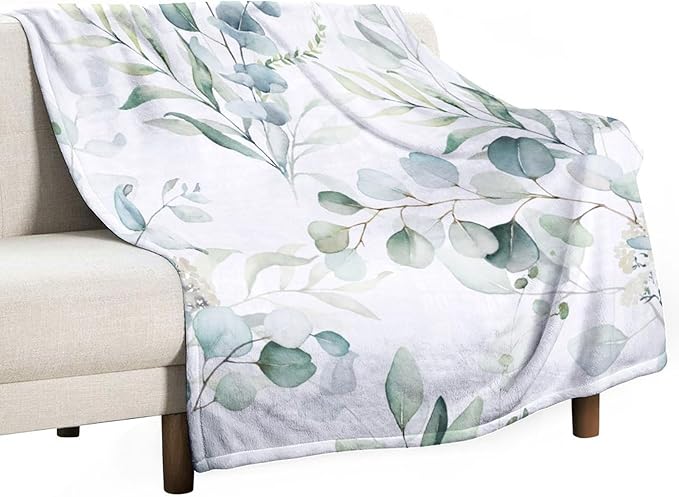 Eucalyptus Leaf Throw Blanket, Watercolor Floral Spring Botanical Green Plants Herb Print Cozy Plush Blanket for Bedroom Living Rooms Sofa Couch, 40"x50"