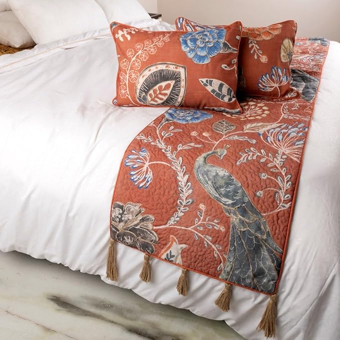 The HomeCentric Orange Bed Runner Without Pillow Cover, King Size 90"x18" Decorative Bed Runner, Rust or Orange Linen Bed Scarf in Quilted Peacock, Linen & Jute Embroidery - Peacock Soiree