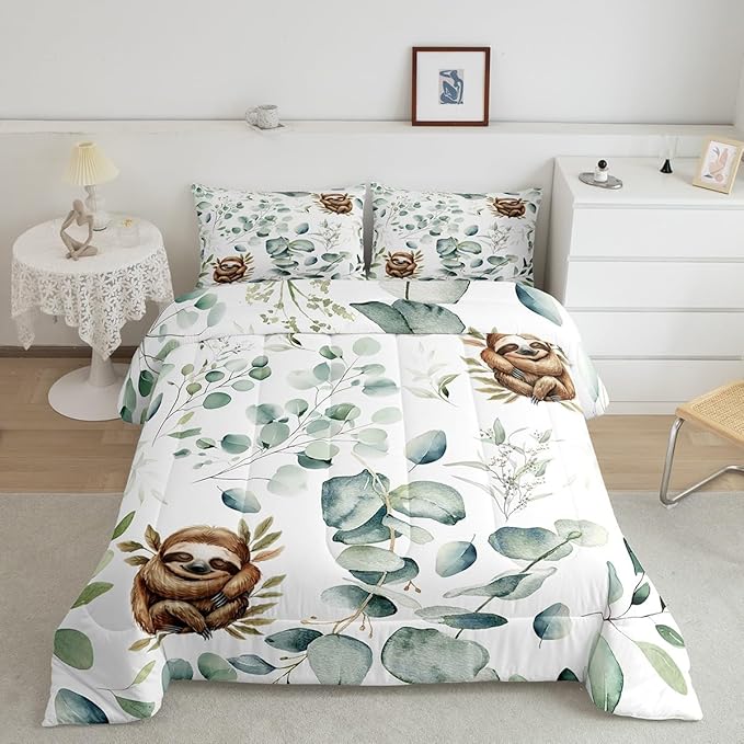 Erosebridal Girls Kawaii Animal Queen Bedding Sets Cute Sloth Comforter Set, Cartoon Wildlife Down Comforter Green Leaf Bedding Comforter Sets, Spring Plant Duvet Insert Child Kids Bedroom Decor