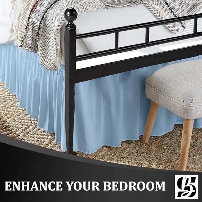 SKY BEDDINGS - Queen Size Ruffled Bed Skirt with Split Corners - 18 Inch Drop Dust Ruffle Bed Skirt with Platform Three Sided Coverage - 100% Microfiber, Light Blue