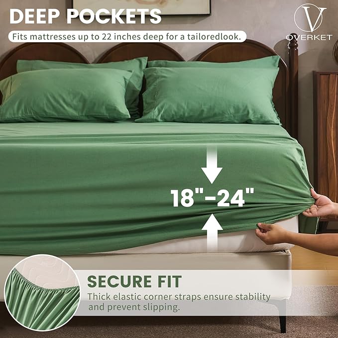 100% Linen Sheet Set King Size Extra Deep Pocket Fits 18-24 Inch Mattress, Breathable & Soft, Smooth 4-Piece Set for Thick Mattresses Hotel Luxury Bedding（King, Sage Green）