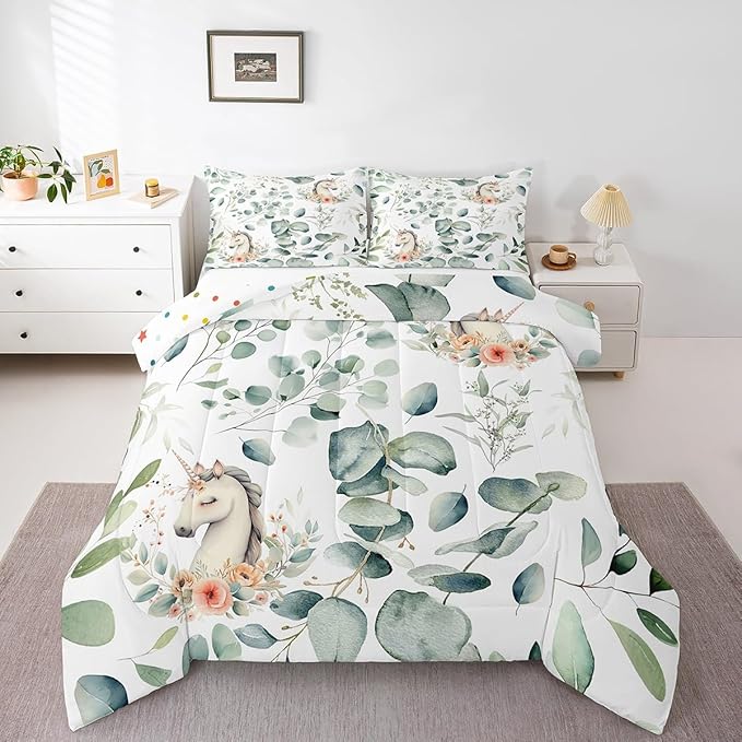 Erosebridal Kids Cute Animal King Bedding Sets for Girls Boys Cartoon Unicorn Comforter Set, Spring Eucalyptus Duvet Insert Floral Down Comforter, Kawaii Magical Animal Bedding Comforter Sets