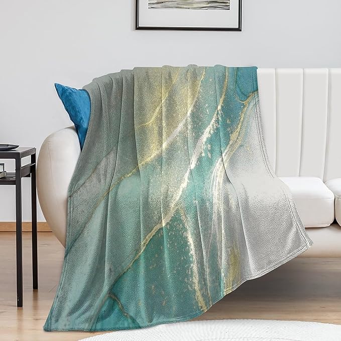 Abstract Marble Blanket, Modern Luxury Baroque Golden Lake Green Stone Veins Pattern Soft Warm Cozy Plush Flannel Covers for Livingroom Bedroom Couch Chair Camping Travel Home Decor Tapestry 40x50in
