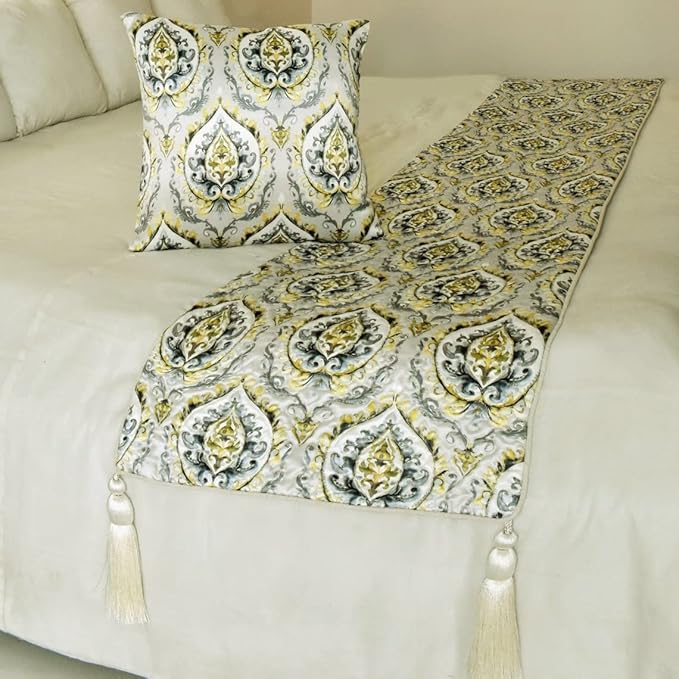 The HomeCentric King/Queen/Twin Grey & Yellow Designer CA King 86"x18" Bed Runner Without Pillow Cover, Quilted, Damask & Tassels Bed Scarf on Jacquard Fabric - Flamey Damask