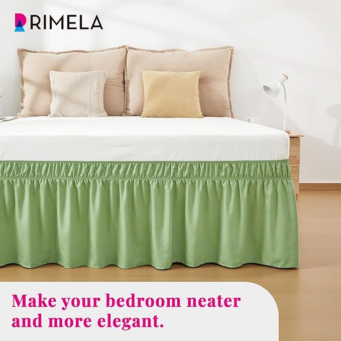 RIMELA Light Green Bed Skirt Full Size 15 Inch Drop, Elastic Bed Skirting, Bedding Dust Ruffle Easy to Install, Hotel Quality Wrap Around Bedskirt, Bedroom Decor