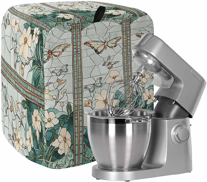 Butterfly Flowers Stand Mixer Dust Cover with Storage Pocket & Handles, Fits All Tilt Head & Bowl Lift Retro Glass Chinese Screen Kitchen Appliance Cover Organizer Botanical Bag Accessories, 6-8 Quart