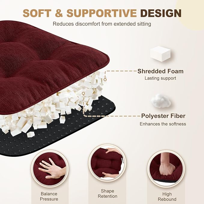 downluxe Indoor Chair Cushions for Dining Chairs, Tufted Overstuffed Textured Foam Kitchen Chair Pads with Ties and Non-Slip Backing, 15.5" x 15.5" x 4", Burgundy, 4 Pack