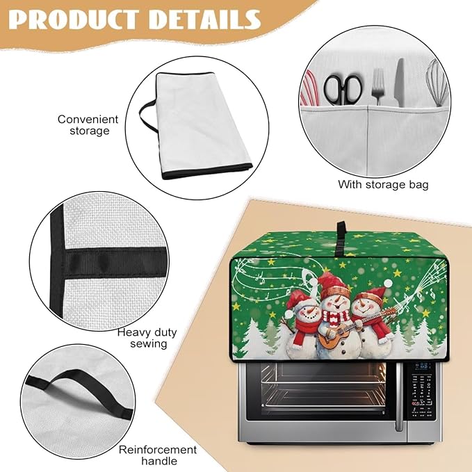 Air Fryer Toaster Oven Cover Fabric Convection Oven Cover with Pockets, Small Appliance Dust Protection for Christmas, L, 18.5 x 22.5 x 13 Inches, Snowman Guitar Musical Note Star Green