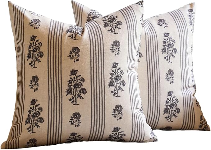 Amor Virisso Floral Throw Pillow Covers 24x24 Set of 2 Block Print Pillow Covers Neutral Floral Striped Farmhouse Decorative Pillow Covers for Sofa Couch Bed, Light Taupe