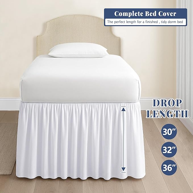 Dorm Bed Skirt Twin XL 36 Inch Drop, 100% Microfiber Extra Long College Dust Ruffle Bedskirt for Adjustable Beds, Elastic Wrap Around Design, White