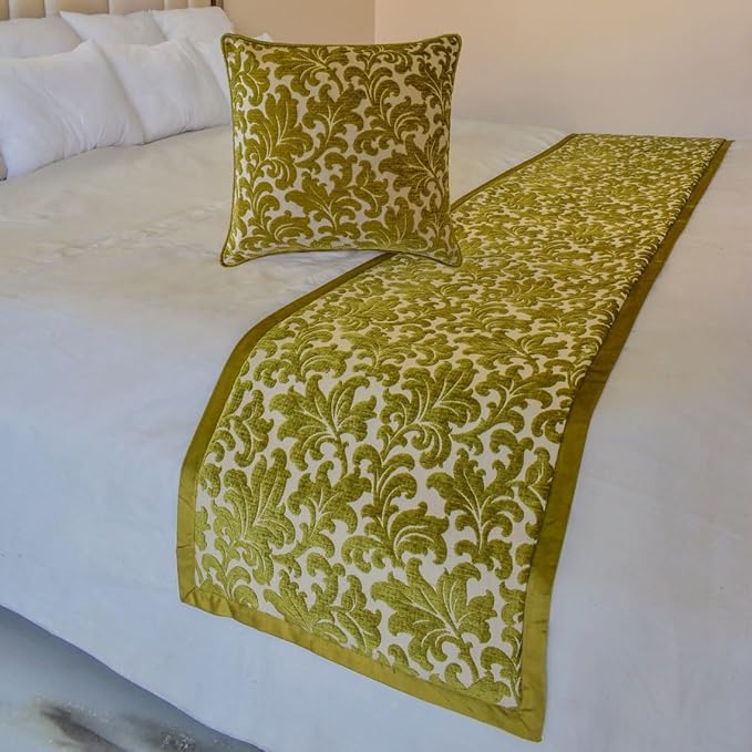 The HomeCentric King/Queen/Twin Chartreuse Designer King 90"x18" Bed Runner with 2 Pillow Cover, Velvet, Floral Pattern Bed Scarf on Velvet Fabric - Enchanted Chartreuse