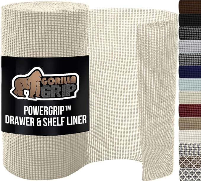 GORILLA GRIP powerGRIP Drawer Shelf and Cabinet Liner, Thick Strong Hold, Non-Adhesive Liners Protect Kitchen Cabinets and Cupboard, Bathroom Drawers, Easy Install, Breathable Mat, 17.5" x20', Cream