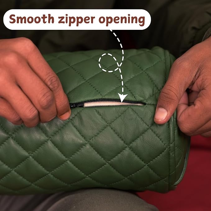 Neck Roll Pillow Cushion Cover, 22x5 Inch Full Moon Round Bolster Pillow Case, Cylinder Soft Lambskin Leather Pillowcase for Head, Spine & Neck Support During Sleep - Quilted Dark Green Pack of 1