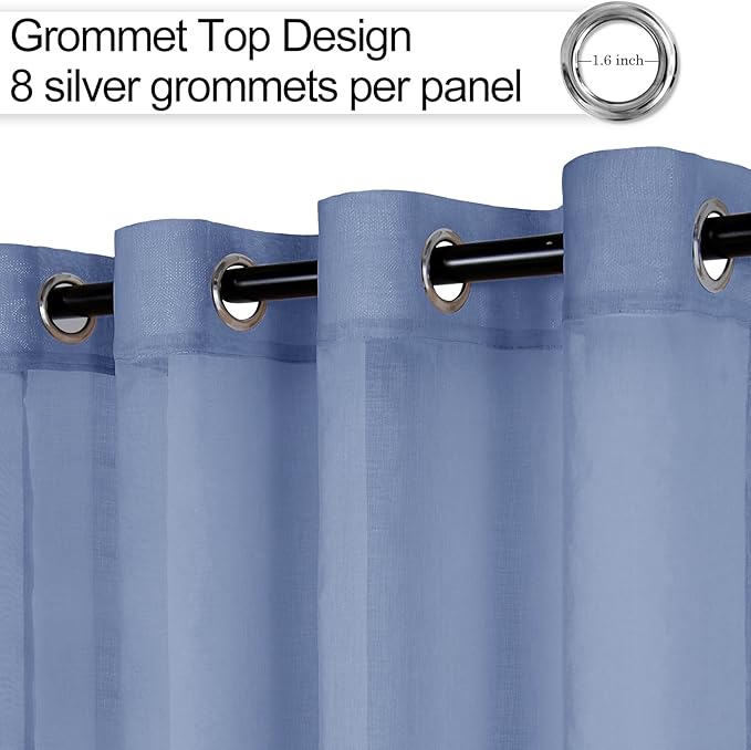 XWZO Sheer Curtains for Bedroom, Grommet Semi Transparent Faux Linen Window Curtains & Drapes for Living Room, Children's Room with Tiebacks, Dusty Blue, W52 x L90, Set of 2 Drape Panels