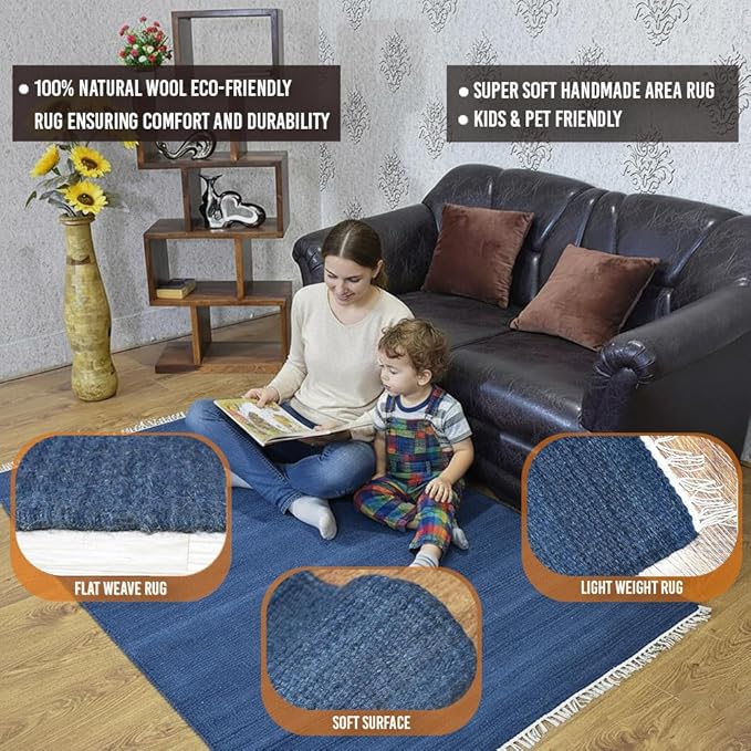 Rugsotic Carpets Hand Woven Flat Weave Kilim Wool ECO-Friendly Area Rugs - 3'x5', Rectangle Shape, Blue Color, Solid Plain Design, Low Pile Handmade Area Rugs for Living Room, Bed Room (D00111)
