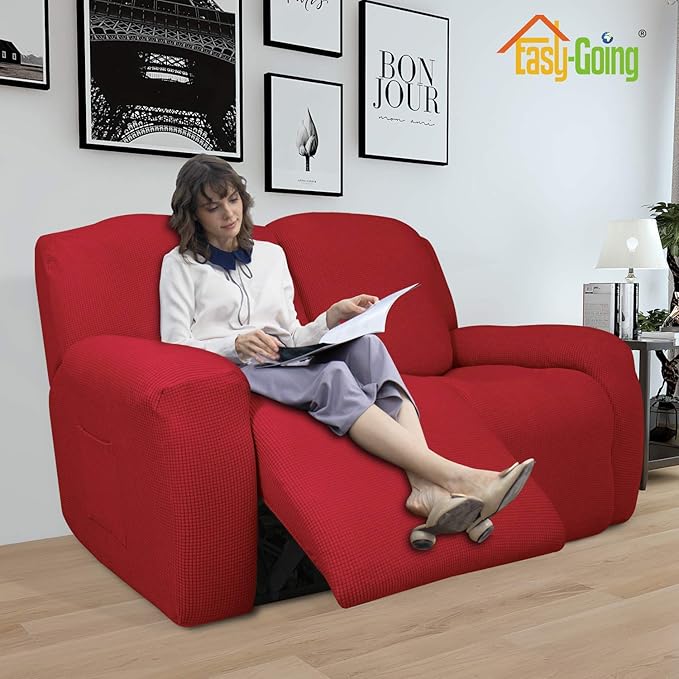 Easy-Going 6 Pieces Recliner Loveseat Stretch Sofa Slipcover Sofa Cover Furniture Protector Couch Soft with Elastic Bottom Kids, Spandex Jacquard Fabric Small Checks Christmas Red