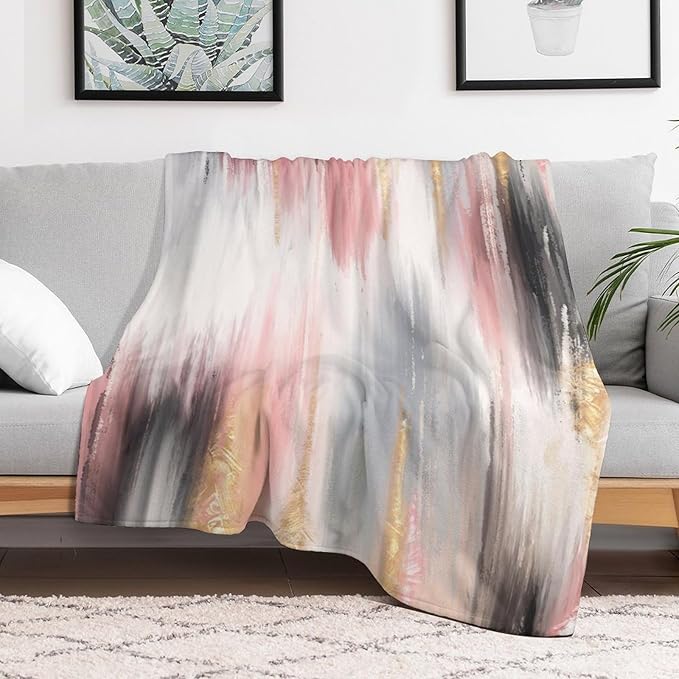 Fashion Gradient Blanket, Modern Art Baroque Gold Grey Pink Painting Strokes Pattern Soft Warm Cozy Plush Flannel Covers for Livingroom Bedroom Couch Chair Camping Travel Home Decor Tapestry 60x80in