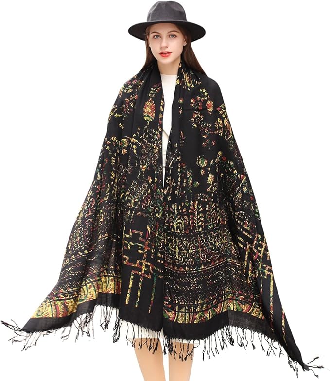 DANA XU 100% Merino Wool Pashmina Shawl for Women 96"x43", Oversized Cashmere Wrap with Tassels, Floral Travel Blanket Cape
