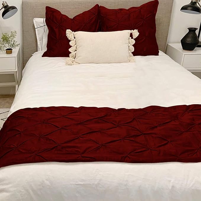 Bed Runner Set - 100% Pure Cotton 800 Thread Count - Luxury 1 Pinch Pleated Bed Runner and 2 Pillow Cover - 3 Piece Pinch Pleated Bed Runner Set Twin, Burgundy