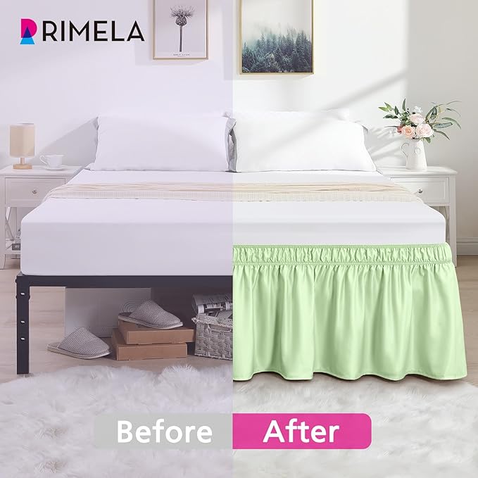 RIMELA Bed Skirt Queen Size Baby Green 15 Inch Drop, Wrap Around Elastic Bedskirt, Dust Ruffle for Adjustable Bed Base Soft Durable Fabric Machine Washable Easy to Install Bed Skirts