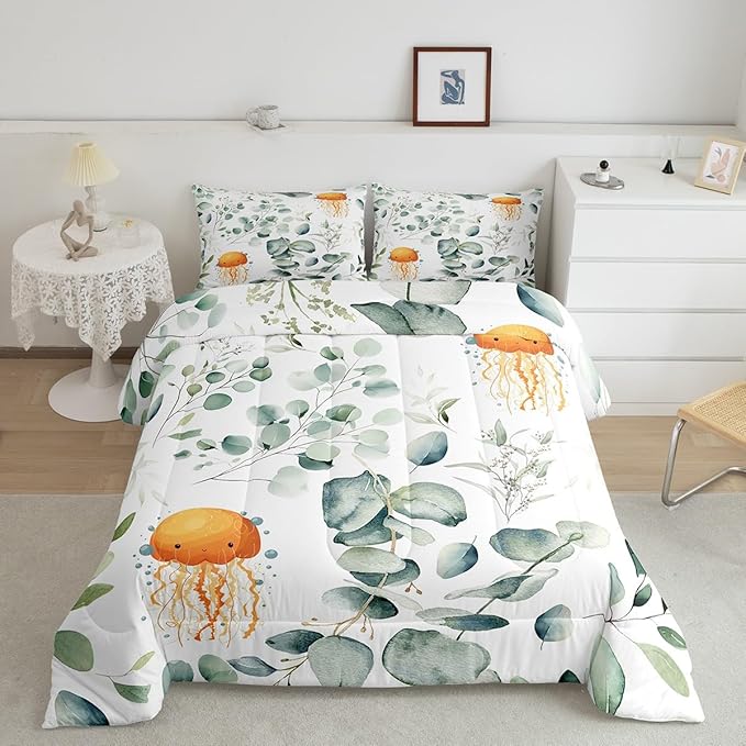Erosebridal Kawaii Jellyfish Toddler Bedding Sets for Boys Girls Cartoon Animal Comforter Set, Eucalyptus Leaves Bedding Comforter Sets Ocean Wildlife Duvet Insert, Tropical Plants Down Comforter