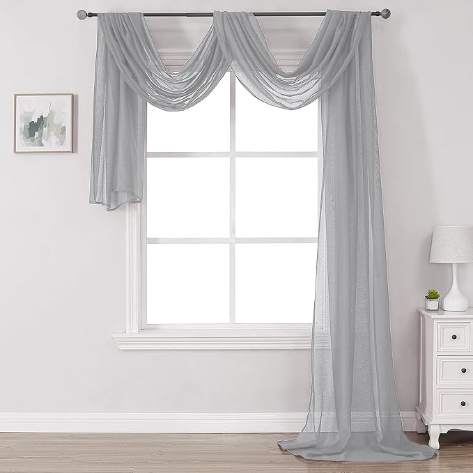 DONREN Grey Window Scarf for Background - Luxury Soft Sheer Scarf Add to Window Curtains for Enhanced Effect (34 by 216 Inch,1 Pack)