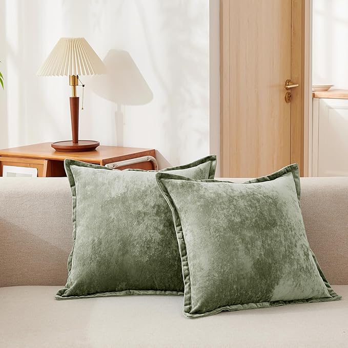 Luxurious Velvet Euro Shams Decorative Throw Pillow Covers 26x26 Set of 2 Solid Square Euro Pillow Shams for Sofa Couch Bedroom, Army Green