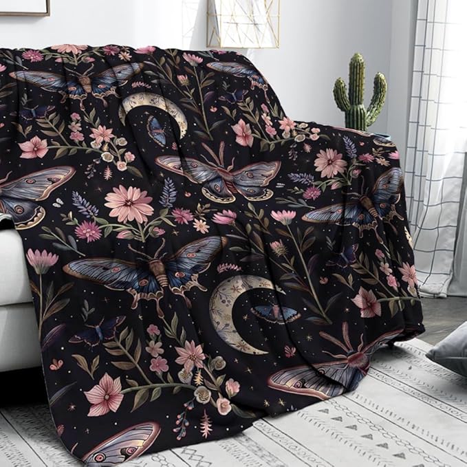 Moon Moth Throw Blanket 40"x50" Soft Cozy Lightweight Flannel,Mystical Night Garden Botanical Celestial Blankets Gifts for Women Gothic Witchy Blanekts for Couch Office Travel Home Decor