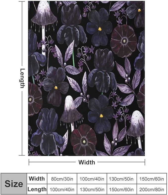 Gothic Floral Blanket, Vintage Abstract Black Purple Peony Flowers Mushroom Print Throw Blanket for Room Bedding Couch Decor Soft Lightweight Warm Cozy, 60"x80"