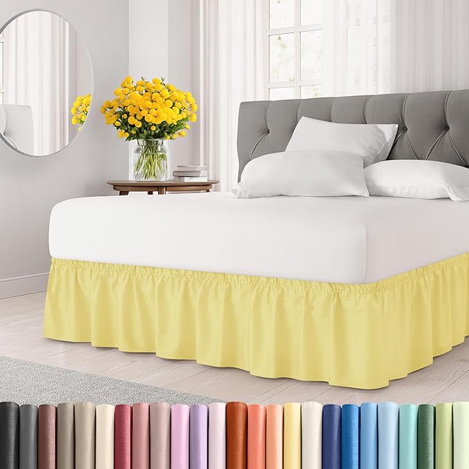 Wrap Around Dust Ruffle Bed Skirt - Yellow - for King Size Beds with 24 Inch Drop - Easy Fit Elastic Strap - Adjustable Pleated Bedskirt w/Brushed Fabric - Wrinkle Free - for Women, Men, Kids & Teens