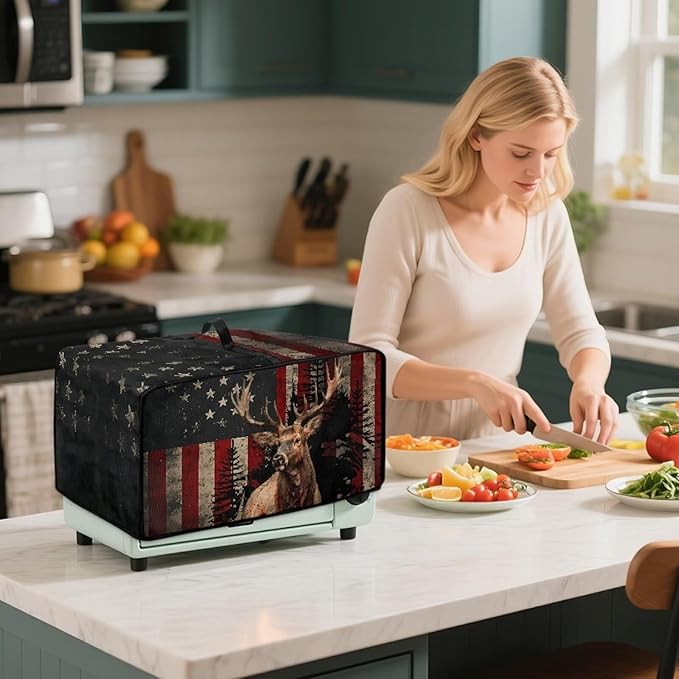 Vintage Deer Elk Print Microwave Oven Cover Waterproof Dust Cover for Microwave Oven American Flag Forest Print Universal Small Appliance Dust Covers Dirt and Fingerprint Protection, L