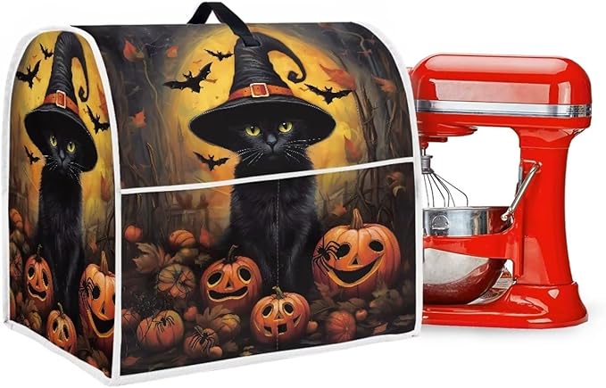 Halloween Mixer Covers - Black Cat Pumpkin Indoor Kitchen Decorations, Polyester Dustproof Cover with Pockets, Compatible with 4.5-5 Quart Stand Mixer