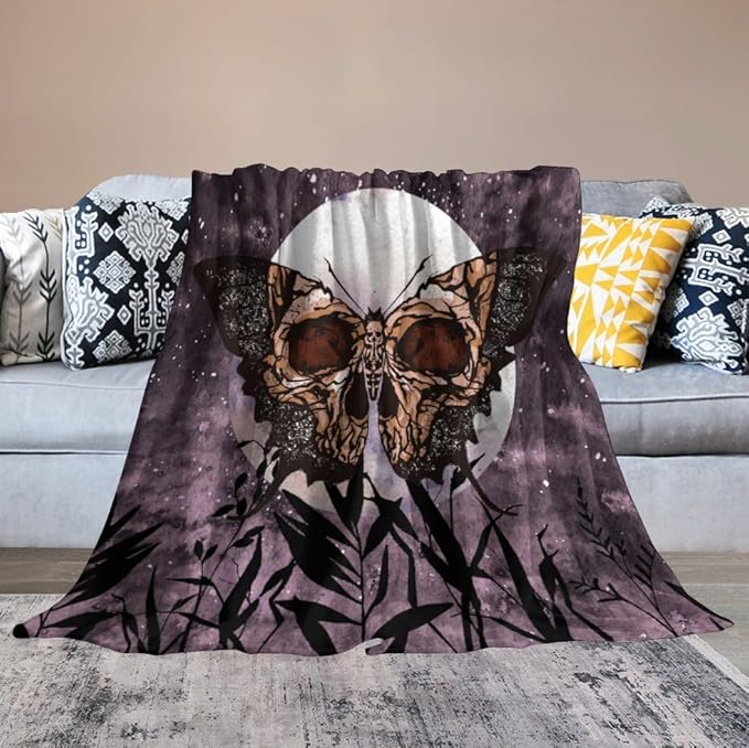 Death Moth Blanket, Boho Gothic Skull Moth Purple Starry Plant Full Moon Mysterious Witchy Throw Blanket for Couch Sofa Office Bed Travelling Bed Throws, 40"x50"