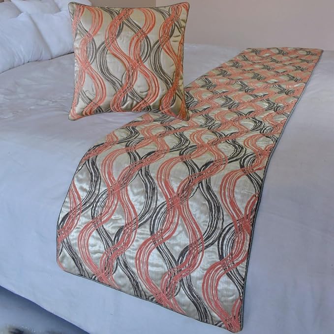 The HomeCentric King/Queen/Twin Orange Luxury CA King 86"x18" Bed Runner with One Pillow Cover, Swirls & Quilted Bed Scarf on Jacquard Fabric - Orange Twirls