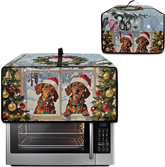 Convection Oven Dust Cover with Storage Pockets, Protective Smart Oven Cover for Kitchen Countertop for Christmas Holiday Party, M, 16.5 x 20.5 x 10 Inches, Dachshund Dog Christmas Tree