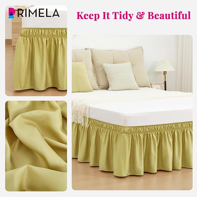 RIMELA Bed Skirt Queen Size Champagne Green 15 Inch Drop, Wrap Around Elastic Bedskirt, Dust Ruffle for Adjustable Bed Base Soft Durable Fabric Machine Washable Easy to Install Bed Skirts