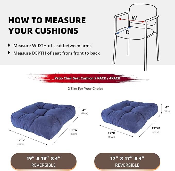 RACE LEAF 4 Pack 17x17 Patio Chair Cushions, Waterproof Memory Foam Cushions with Tufted Cover and Non-Slip Base (Navy)