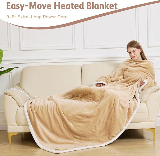 Heated Blanket, 55"×80" Wearable Electric Blanket with Sleeves, Sherpa Snuggle Throw Blanket, Warm Gift for Grandma, Mom, Dad, (Camel)