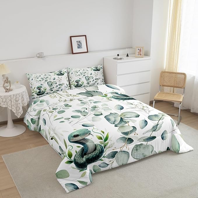 Erosebridal Cute Snake Bedding Queen Size for Kids Child Green Eucalyptus Comforter Set Queen, Wild Animal Duvet Insert Botanical Plant Leaves Quilt Set, Cartoon Wildlife Bedding Comforters & Sets