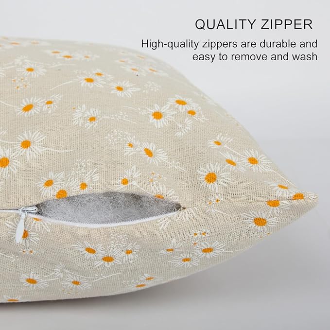 Spring Flower Lumbar Throw Pillow Cover 12x 20 Set of 2, Embroidered Daisy Farmhouse Linen Pillow Cushion Cases, Decorative Pillows for Bed, Outdoor Couch Bedroom Car Cream