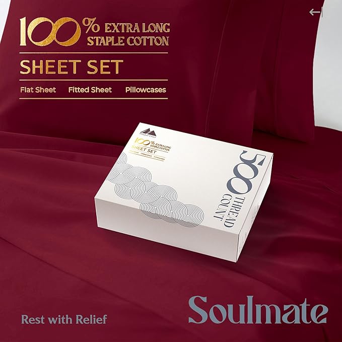 Mayfair Linen 500 Thread Count 100% Cotton Sheets King Size Bed Set - 4 PC King Bed Sheet Set (Burgundy) Soft, Cooling, Sateen 16" Deep Pocket Bedsheet for Hot Sleepers (Fits 18" Mattress)