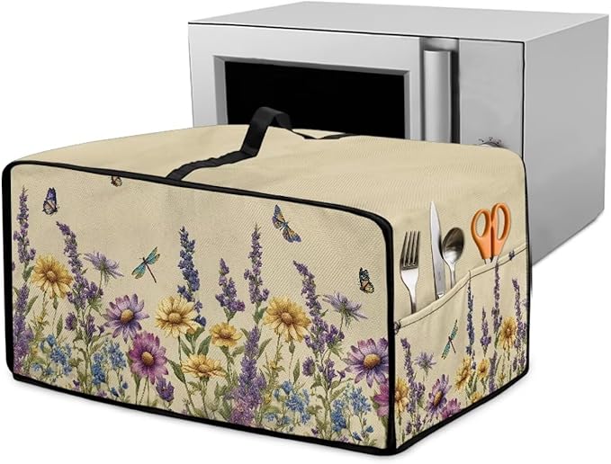 Convection Toaster Oven Cover with Side Pockets, Dust-Proof Smart Microwave Oven Protector for Countertop Decorations, M, Floral Butterfly Dragonfly