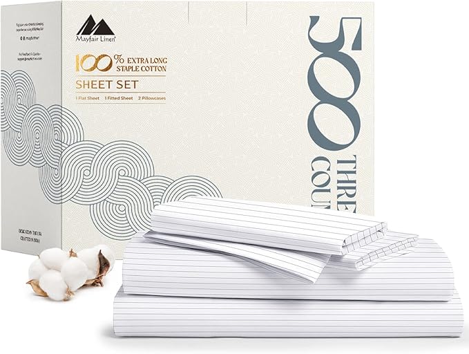 Mayfair Linen 100% Cotton Printed Bed Sheets Twin Size Set - 500 Thread Count Cotton Twin XL Sheets for Dorm Room, 3 PC Set (Pinstripe Light Grey), Soft, Cooling, Sateen Weave 16" Deep Pocket Bedsheet
