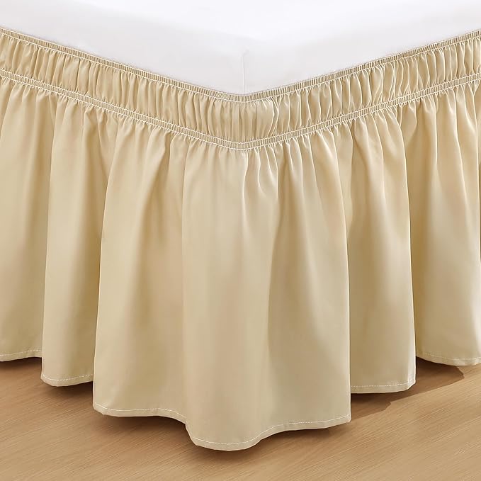 RIMELA Beige White Bed Skirt King Size 15 Inch Drop, Elastic Bed Skirting for Bed Base and Frame, Bedding Dust Ruffle Easy to Install, Lightweight Wrap Around Adjustable Bedskirt