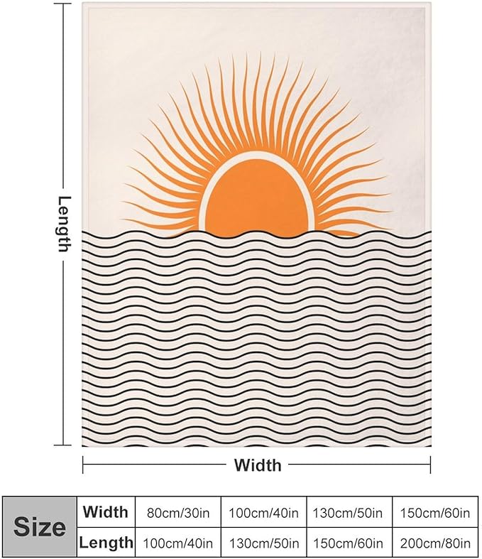 Abstract Sunset Throw Blanket, Boho Mid Century Geometric Minimalist Aesthetic Wave Sunrise Soft Warm Blankets for Couch Bedroom Sofa Office, 50"x60"