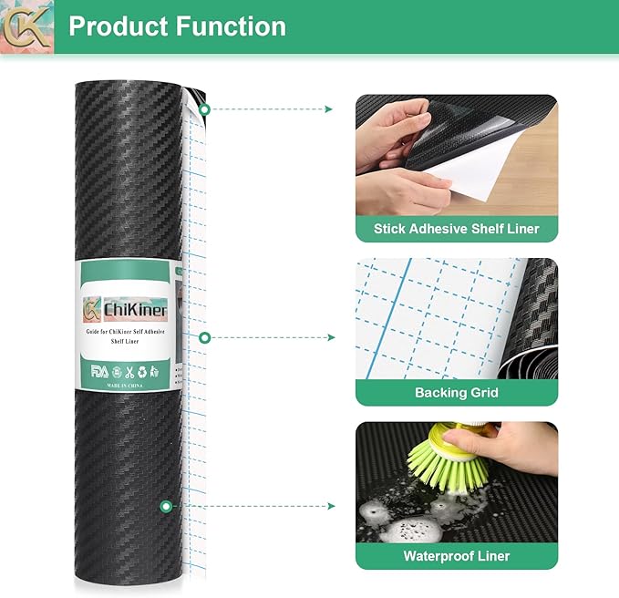 Self-Adhesive Shelf Liner Kitchen Liner, Waterproof Backed Paper Easy Peel and Stick Contact Liner Without Residue for Decor Your Desk Surface, Kitchen Countertops (Black, 17.5 x 393.7 inches)
